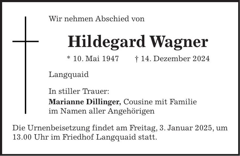 Traueranzeige Hildegard Wagner
