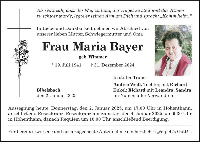 Traueranzeige Maria Bayer