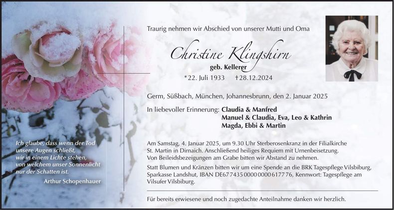 Traueranzeige Christine Klingshirn