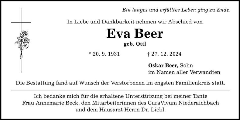 Traueranzeige Eva Beer