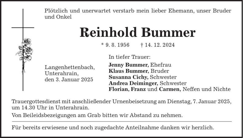 Traueranzeige Reinhold Bummer