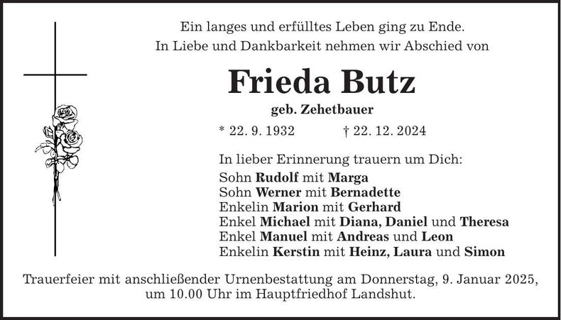 Traueranzeige Frieda Butz