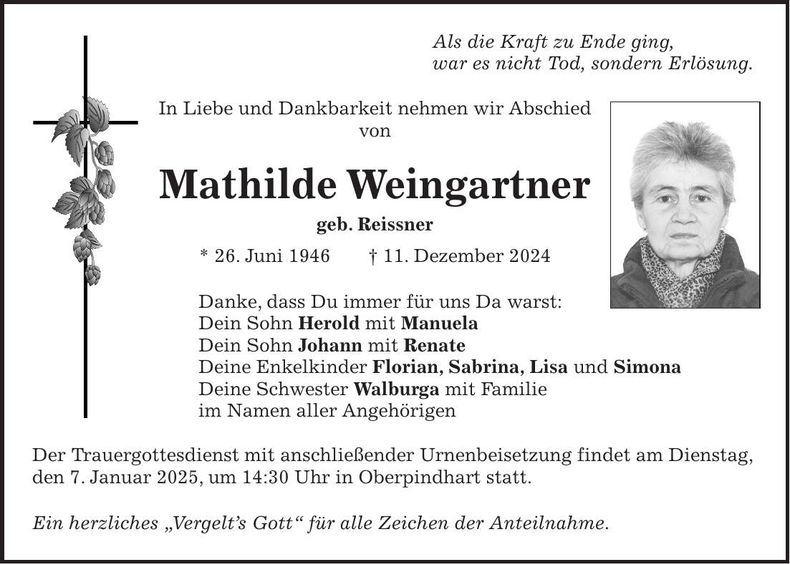 Traueranzeige Mathilde Weingartner