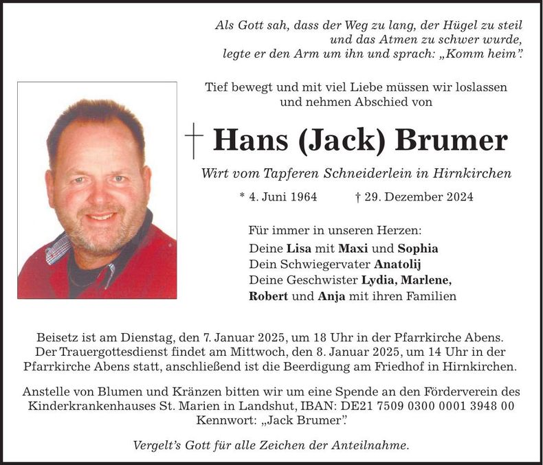 Traueranzeige Hans Brumer