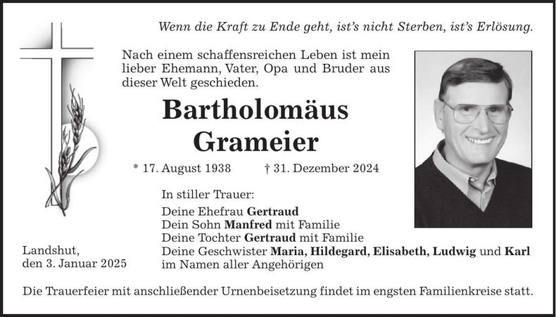 Traueranzeige Bartholomäus Grameier