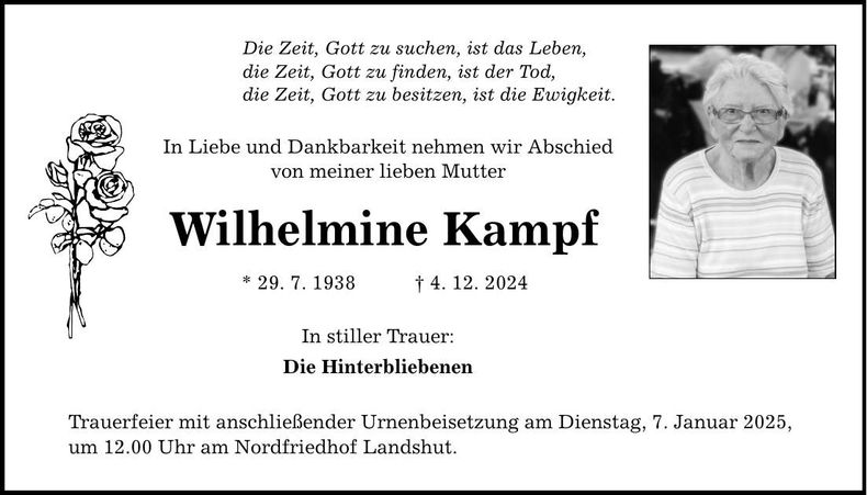 Traueranzeige Wilhelmine Kampf