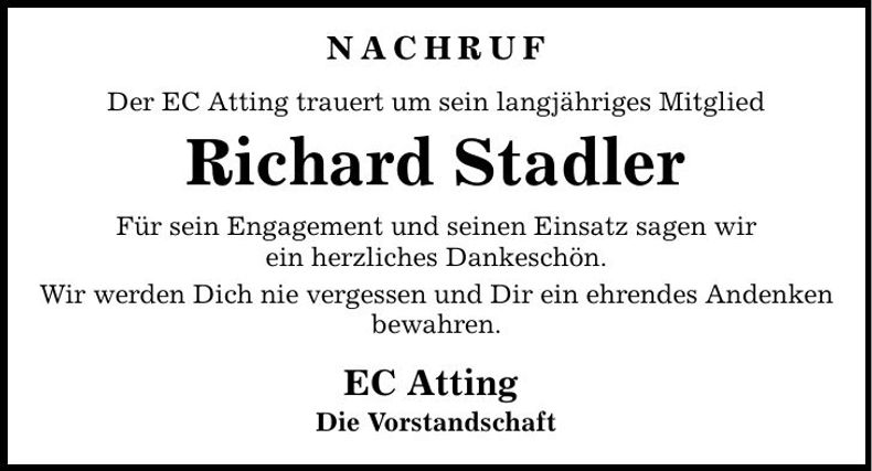 Traueranzeige Richard Stadler