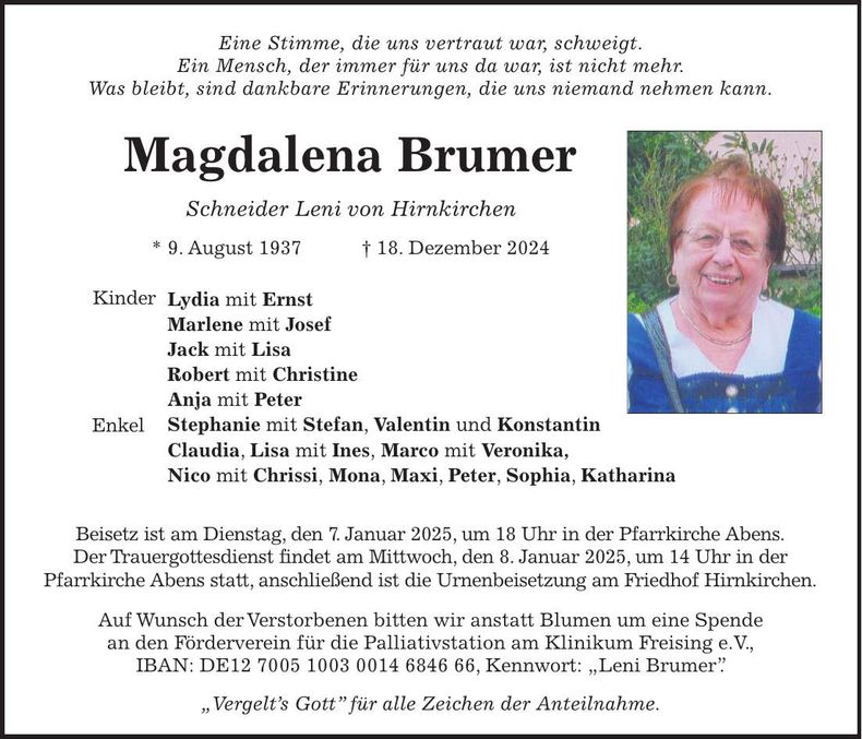 Traueranzeige Magdalena Brumer