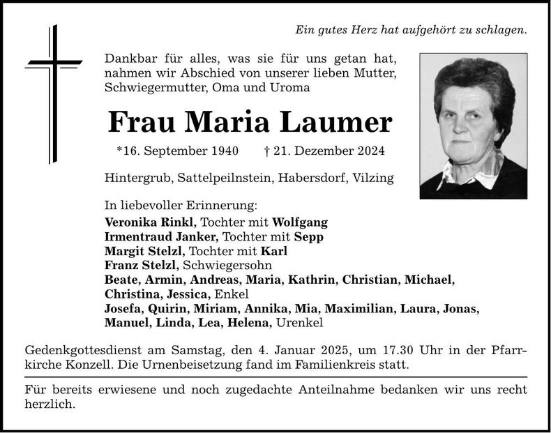 Traueranzeige Maria Laumer