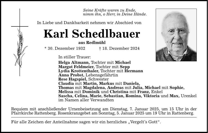 Traueranzeige Karl Schedlbauer