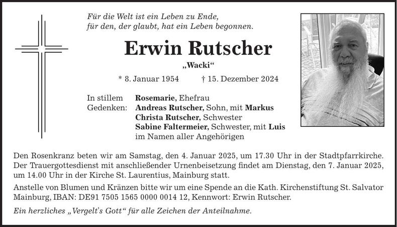 Traueranzeige Erwin Rutscher