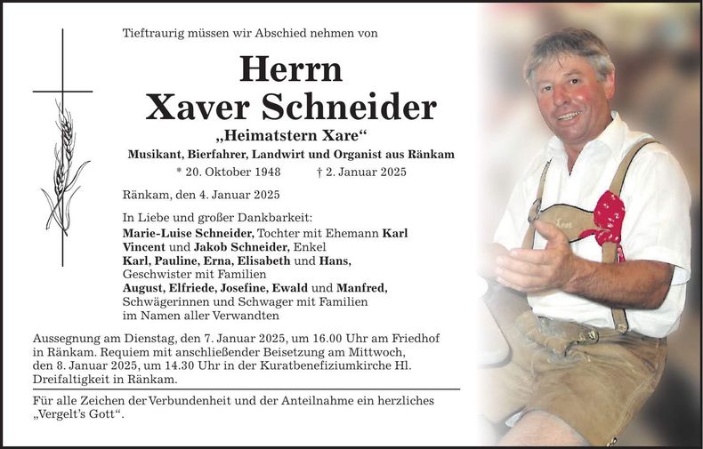 Traueranzeige Xaver Schneider