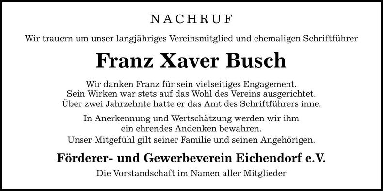 Traueranzeige Franz Xaver Busch
