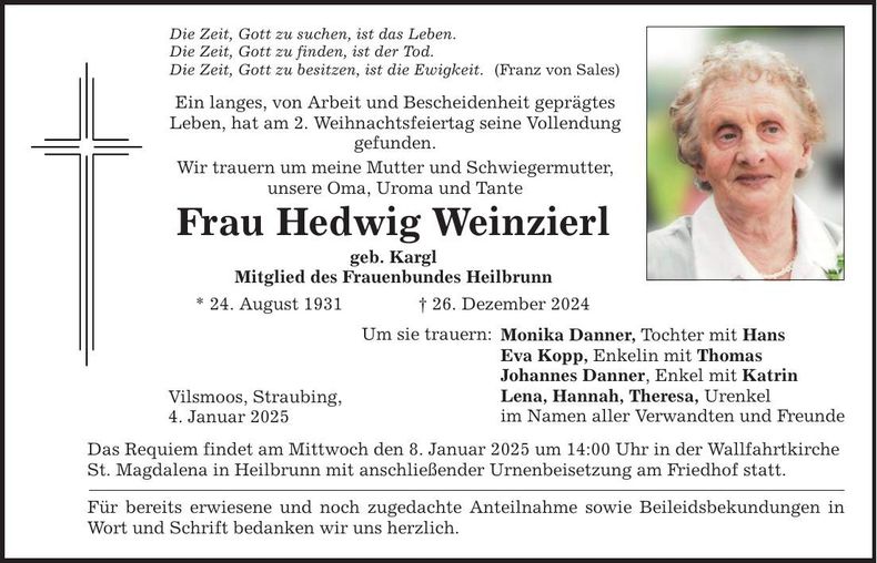 Traueranzeige Hedwig Weinzierl