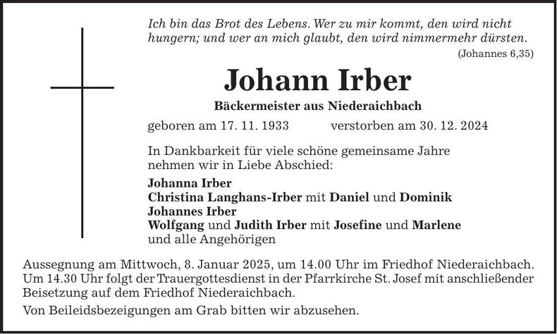 Traueranzeige Johann Irber