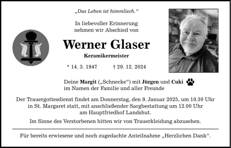 Traueranzeige Werner Glaser