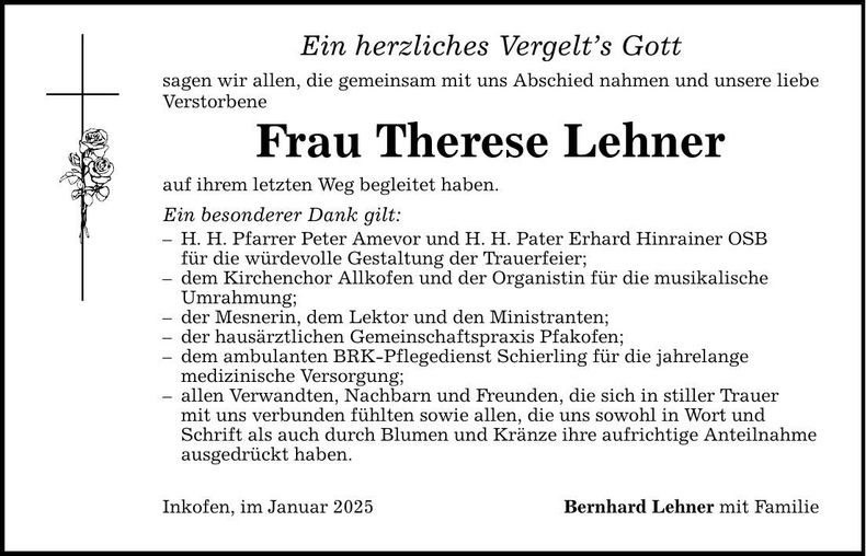 Traueranzeige Therese Lehner