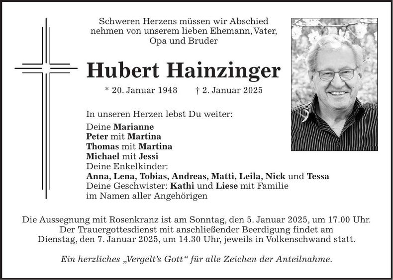 Traueranzeige Hubert Hainzinger