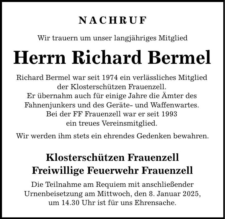 Traueranzeige Richard Bermel