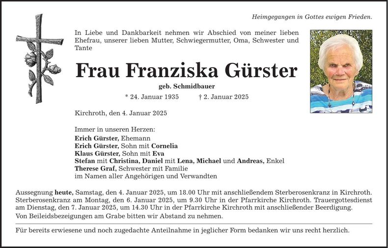 Traueranzeige Franziska Gürster