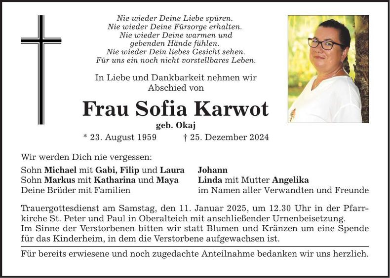 Traueranzeige Sofia Karwot
