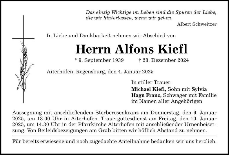 Traueranzeige Alfons Kiefl