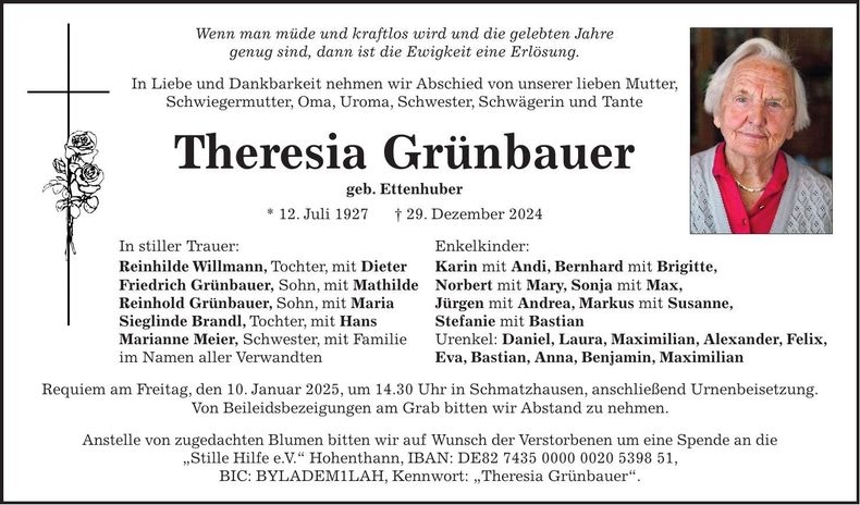 Traueranzeige Theresia Grünbauer