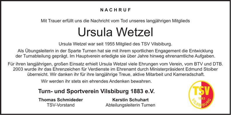 Traueranzeige Ursula Wetzel