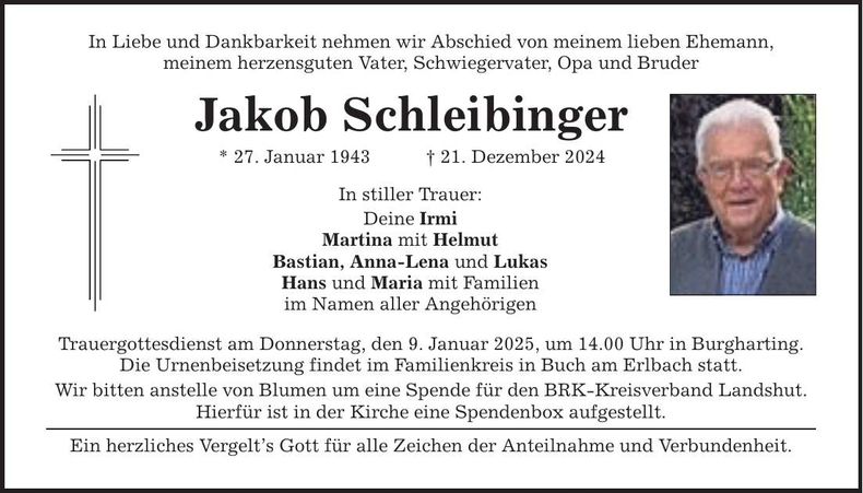 Traueranzeige Jakob Schleibinger