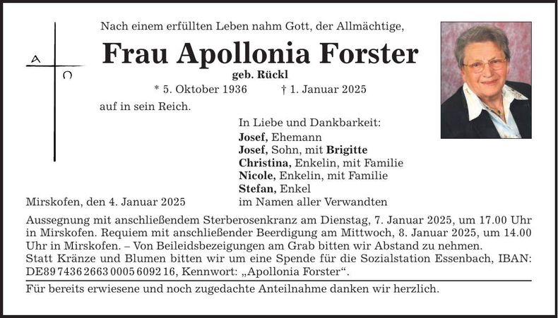 Traueranzeige Apollonia Forster