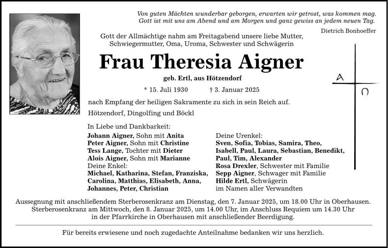 Traueranzeige Theresia Aigner