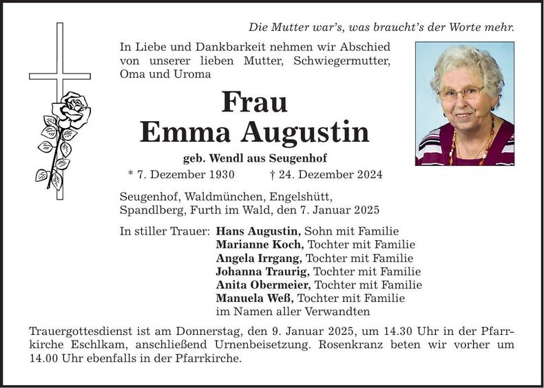 Traueranzeige Emma Augustin