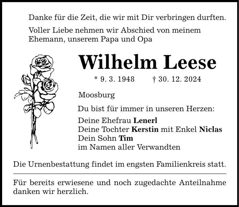 Traueranzeige Wilhelm Leese