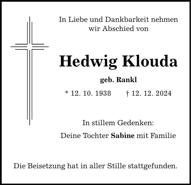 Traueranzeige Hedwig Klouda
