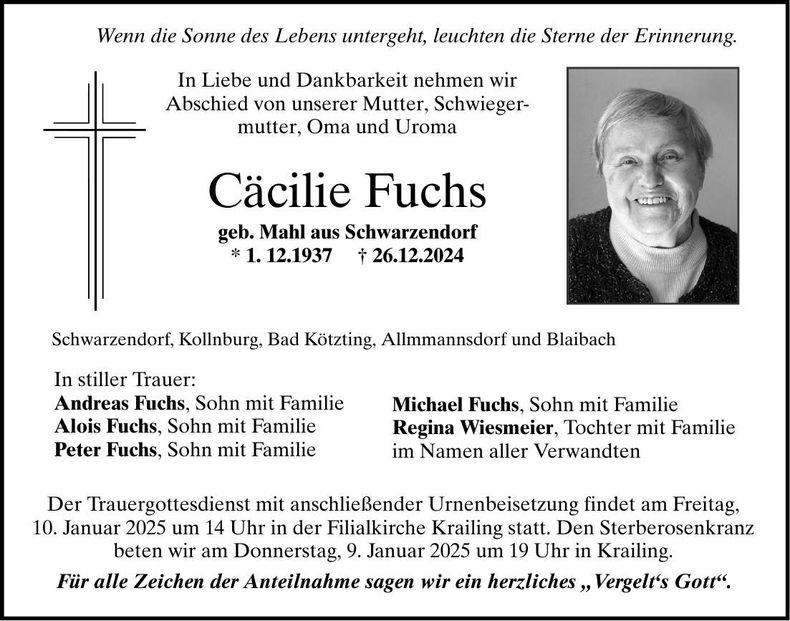 Traueranzeige Cäcilie Fuchs