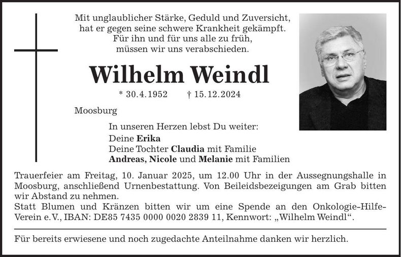 Traueranzeige Wilhelm Weindl