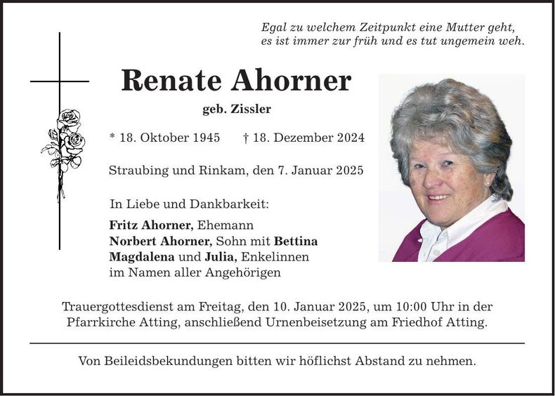 Traueranzeige Renate Ahorner