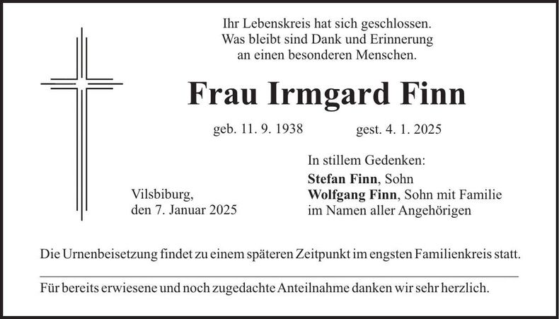 Traueranzeige Irmgard Finn