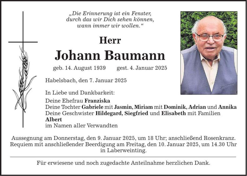 Traueranzeige Johann Baumann