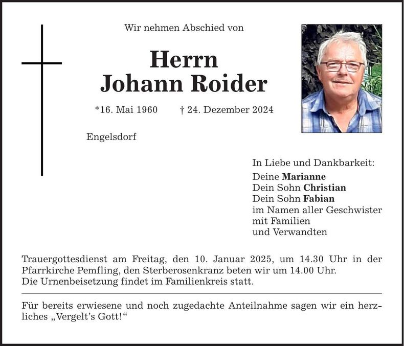 Traueranzeige Johann Roider