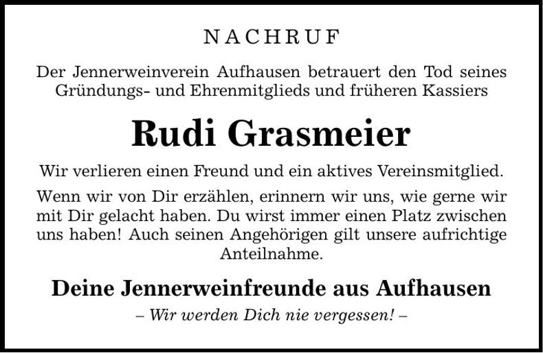 Traueranzeige Rudi Grasmeier