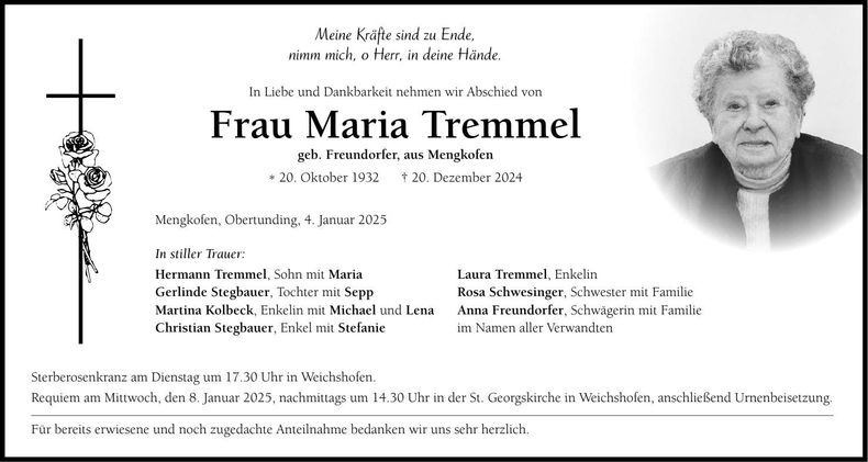 Traueranzeige Maria Tremmel
