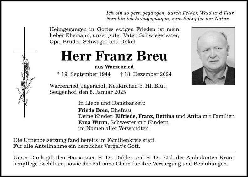 Traueranzeige Franz Breu