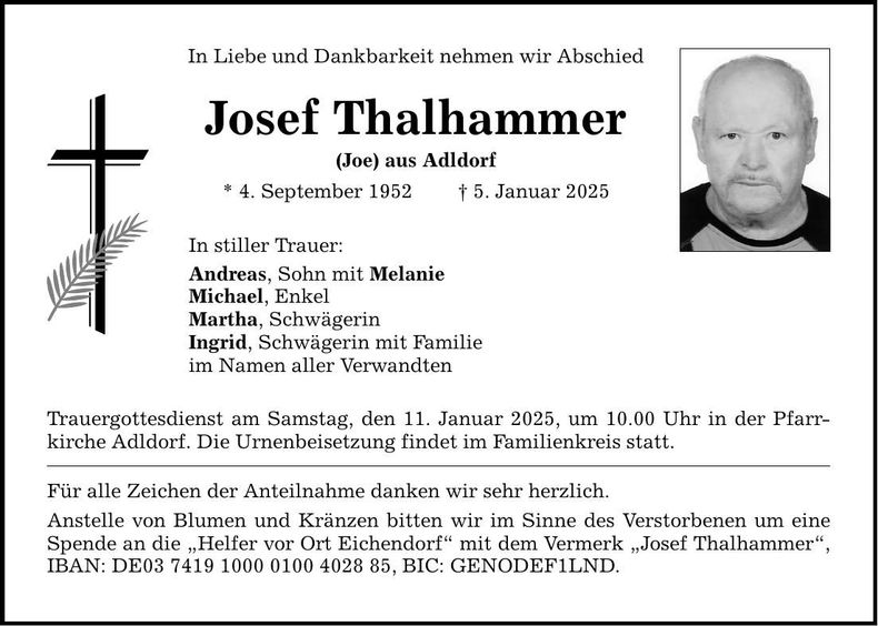 Traueranzeige Josef Thalhammer