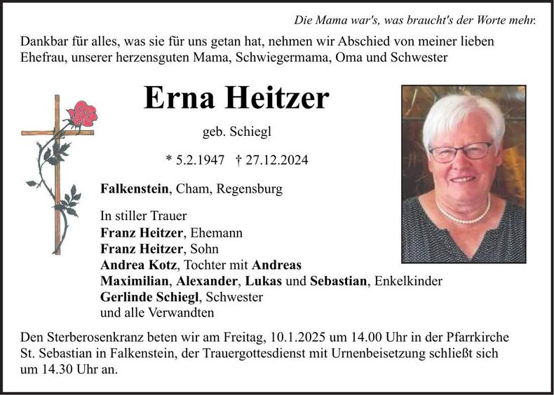 Traueranzeige Erna Heitzer