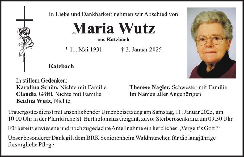 Traueranzeige Maria Wutz