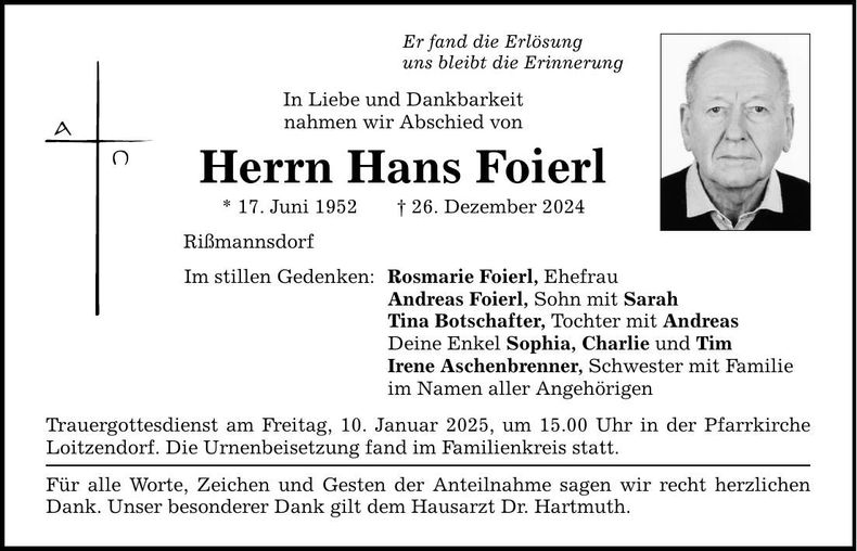 Traueranzeige Hans Foierl