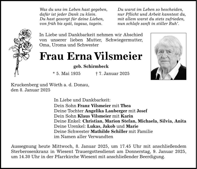 Traueranzeige Erna Vilsmeier
