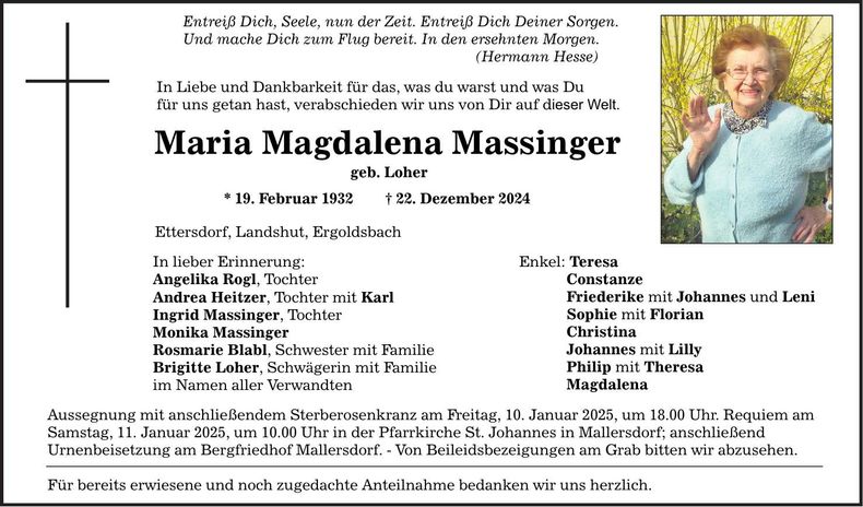 Traueranzeige Maria Magdalena Massinger