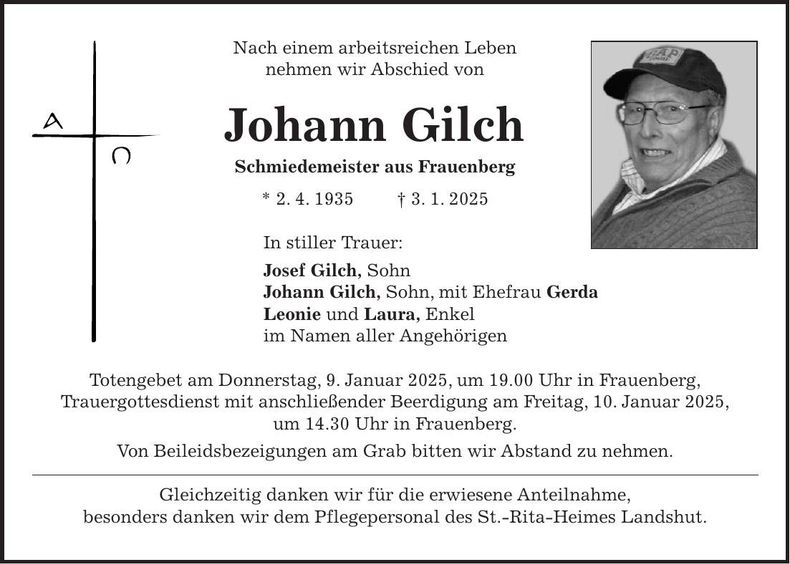 Traueranzeige Johann Gilch